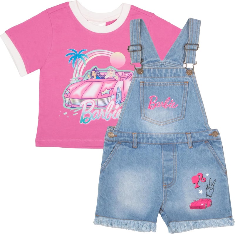 Barbie Girl's Crewneck T-Shirt and Denim Short Overalls 2-Piece Set Pink Convertible Tee and Jean Shortalls for Kids - Image 1